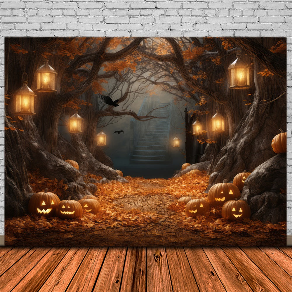 Toile de fond de lanternes de citrouilles et grand arbre Halloween RR7-386