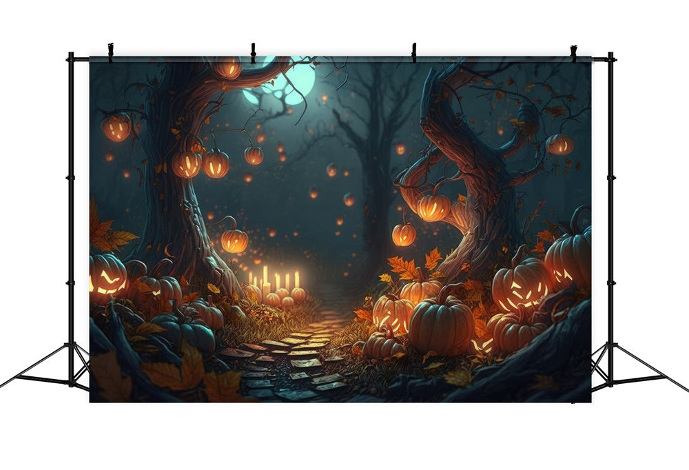 Toile de fond de forêt nocturne avec citrouilles et bougies Halloween RR7-387