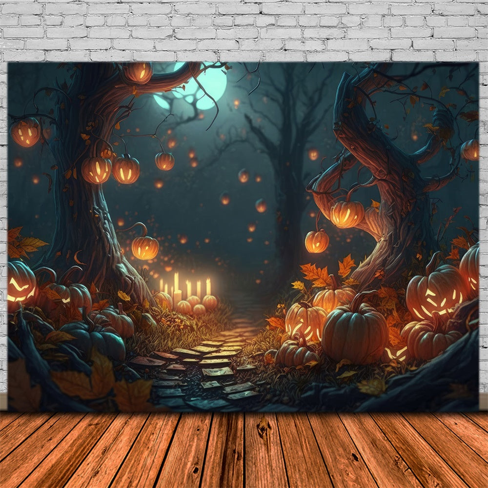 Toile de fond de forêt nocturne avec citrouilles et bougies Halloween RR7-387