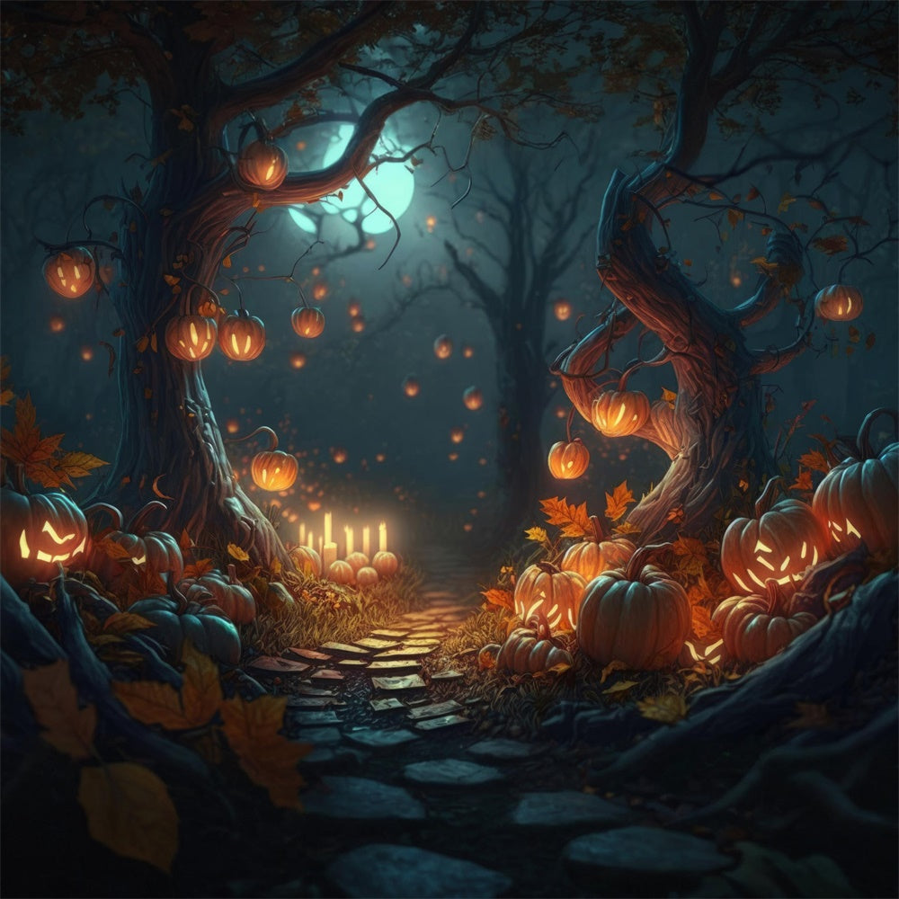 Toile de fond de forêt nocturne avec citrouilles et bougies Halloween RR7-387