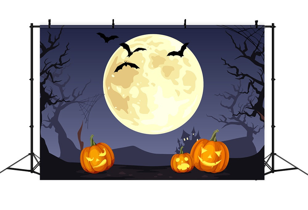 Toile de fond de lune pleine et citrouilles Halloween avec chauves-souris RR7-388