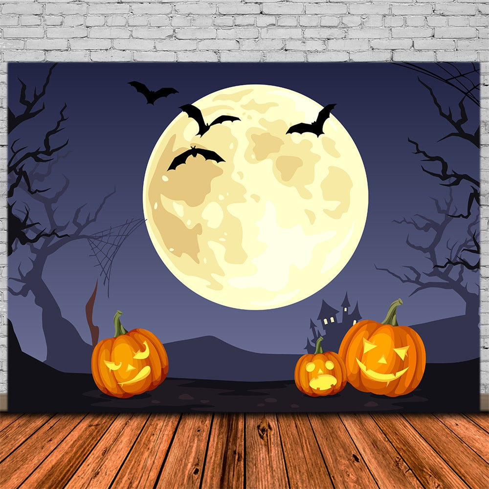 Toile de fond de lune pleine et citrouilles Halloween avec chauves-souris RR7-388