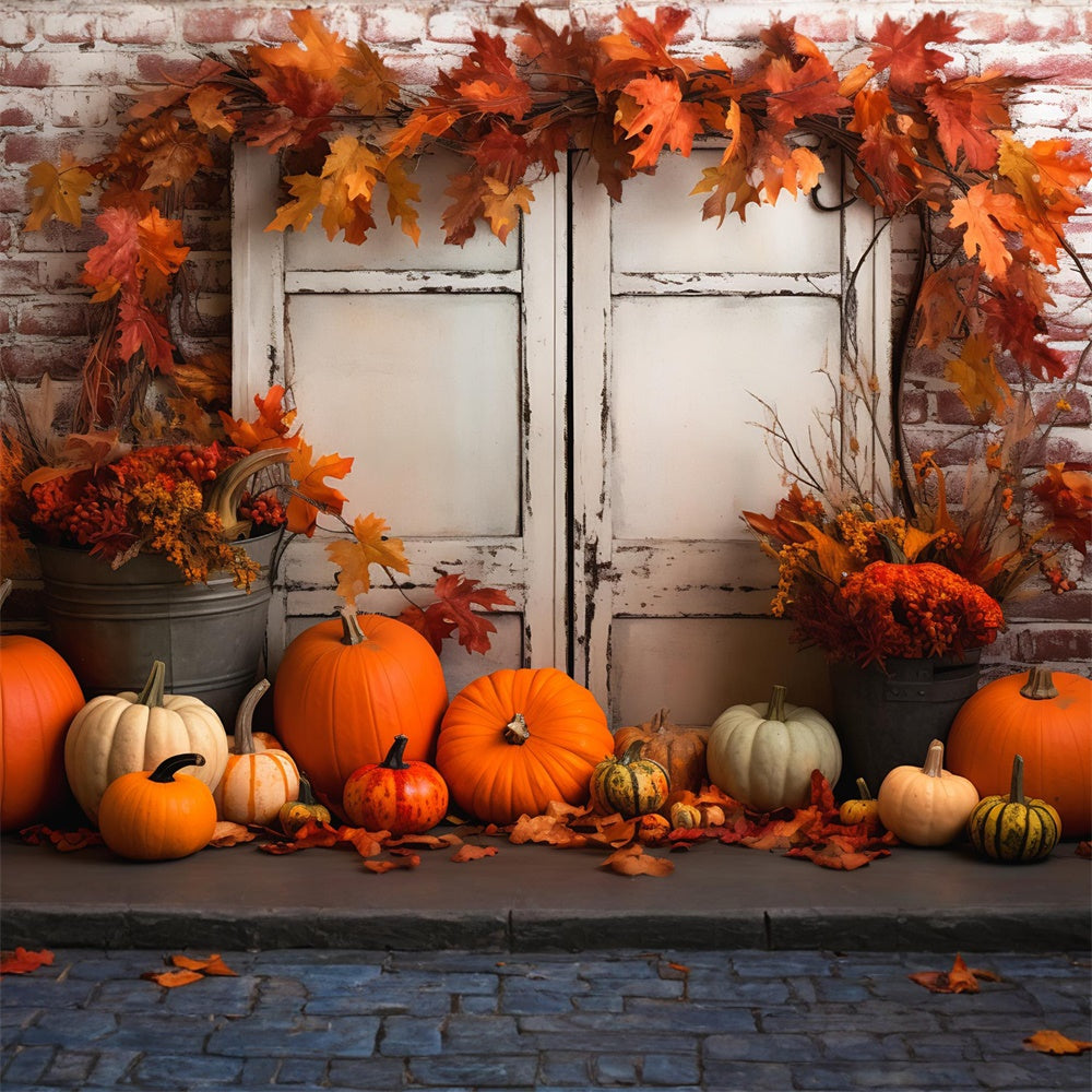 Toile de fond de porte d'automne avec feuilles d'érable et citrouilles RR7-389