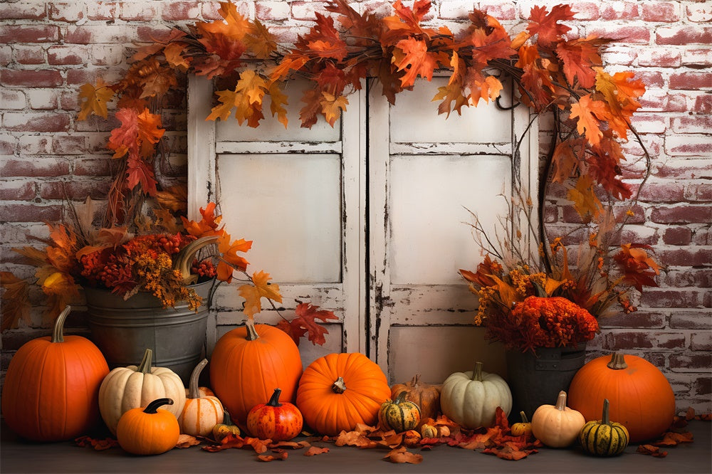 Toile de fond de porte d'automne avec feuilles d'érable et citrouilles RR7-389