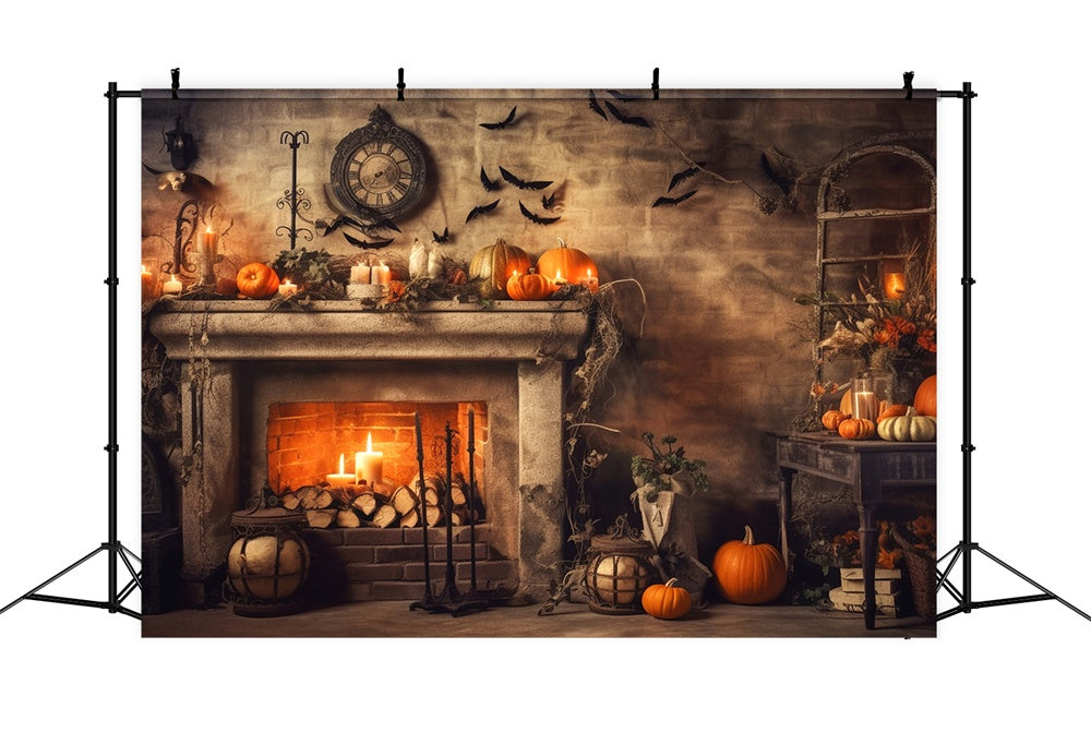 Toile de fond de vieille cheminée avec citrouilles et chauves-souris Halloween RR7-393