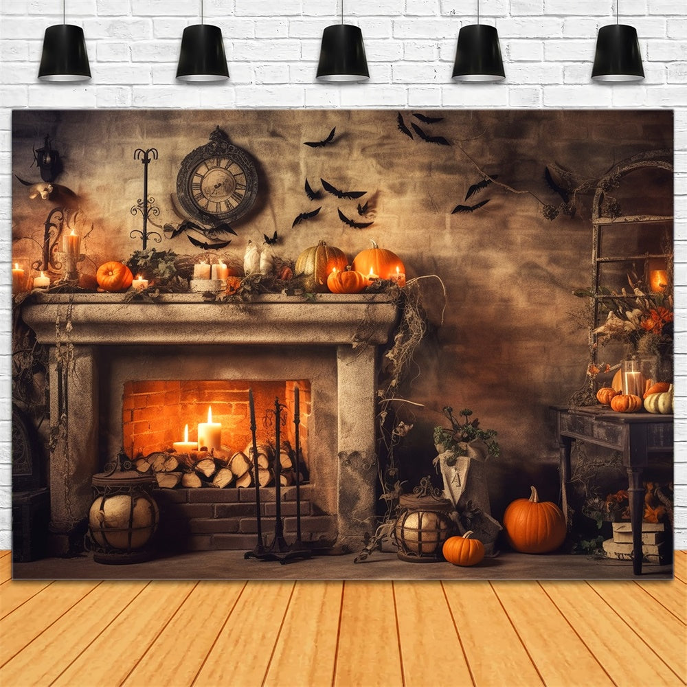 Toile de fond de vieille cheminée avec citrouilles et chauves-souris Halloween RR7-393