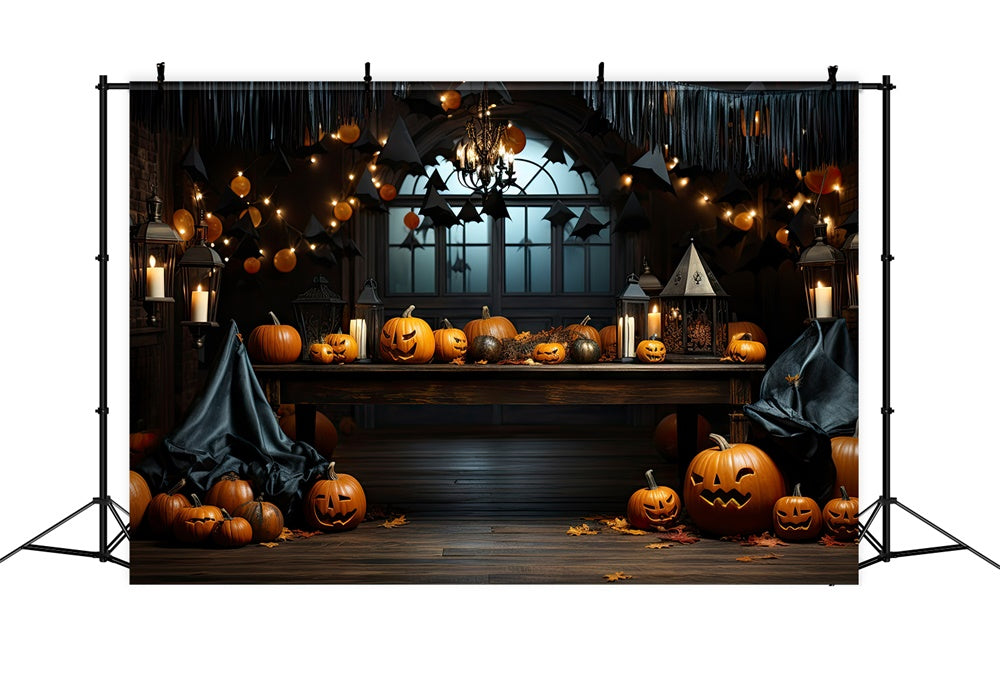 Toile de fond de pièce d'horreur Halloween avec citrouilles et bougies RR7-394