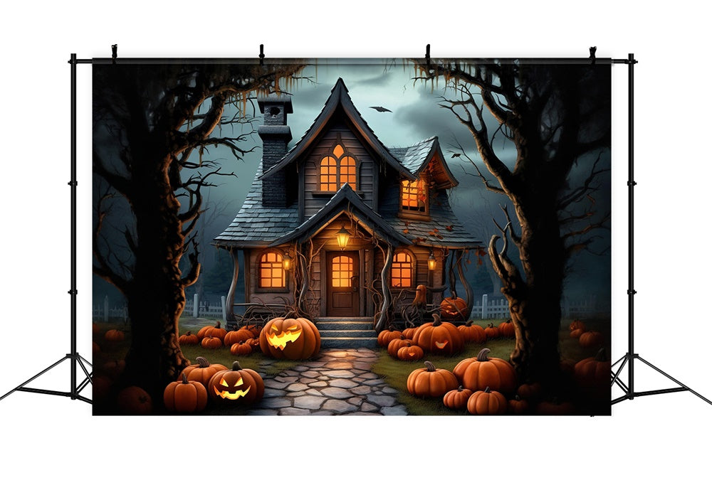 Toile de fond de maison dans la forêt effrayante avec citrouilles Halloween RR7-395