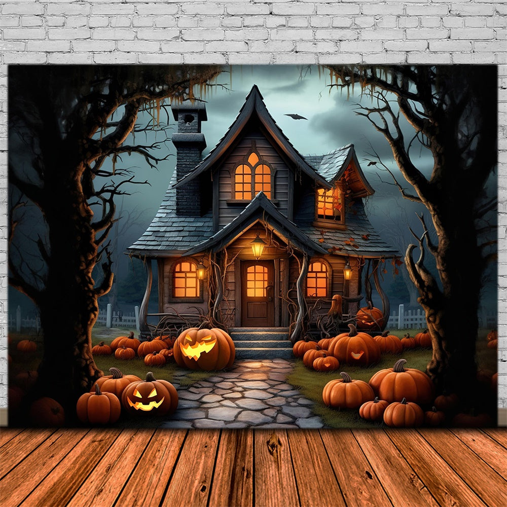 Toile de fond de maison dans la forêt effrayante avec citrouilles Halloween RR7-395