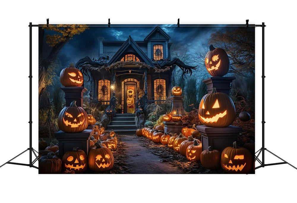 Toile de fond de route avec citrouilles et maison hantée Halloween RR7-398