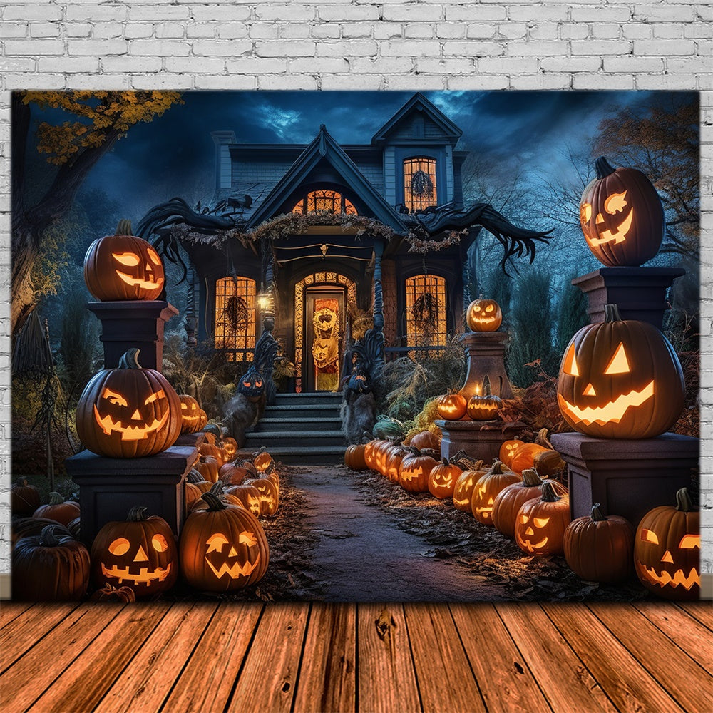 Toile de fond de route avec citrouilles et maison hantée Halloween RR7-398