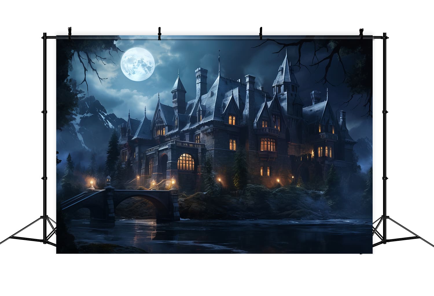 Toile de Fond de Château Hanté Éclairé par la Lune d'Halloween RR7-40