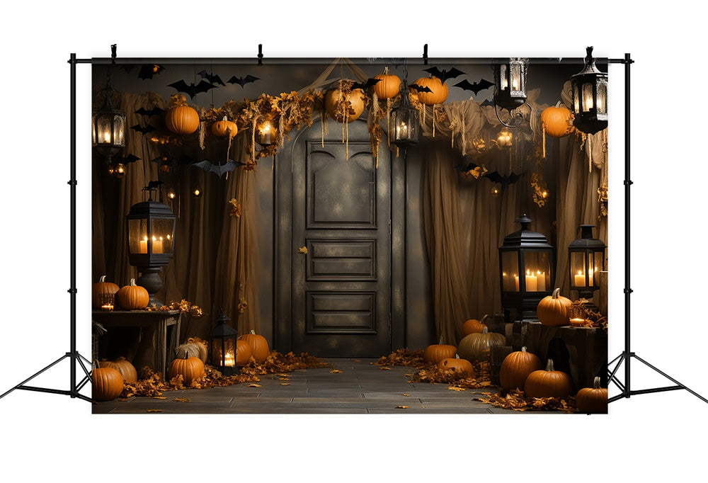 Toile de fond de porte décorée avec citrouilles et chauves-souris Halloween RR7-400