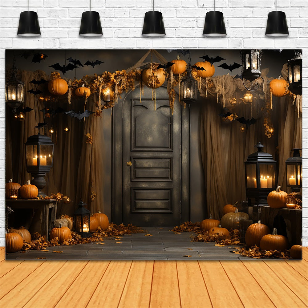 Toile de fond de porte décorée avec citrouilles et chauves-souris Halloween RR7-400