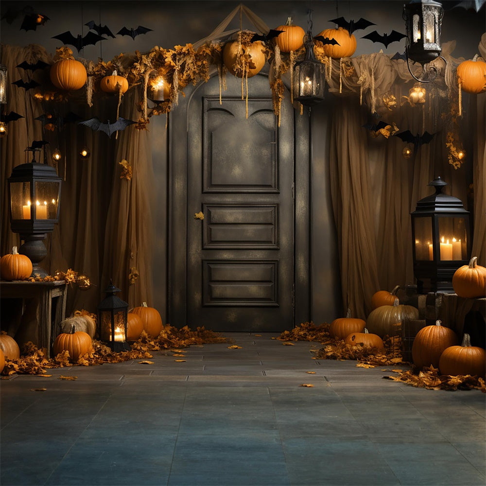 Toile de fond de porte décorée avec citrouilles et chauves-souris Halloween RR7-400