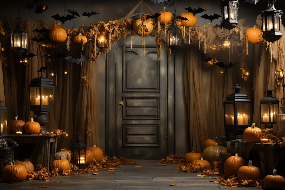 Toile de fond de porte décorée avec citrouilles et chauves-souris Halloween RR7-400