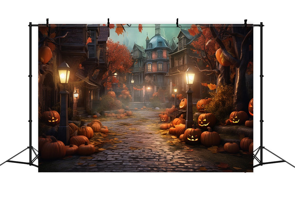 Toile de fond de maison de rue nocturne avec citrouilles Halloween RR7-405