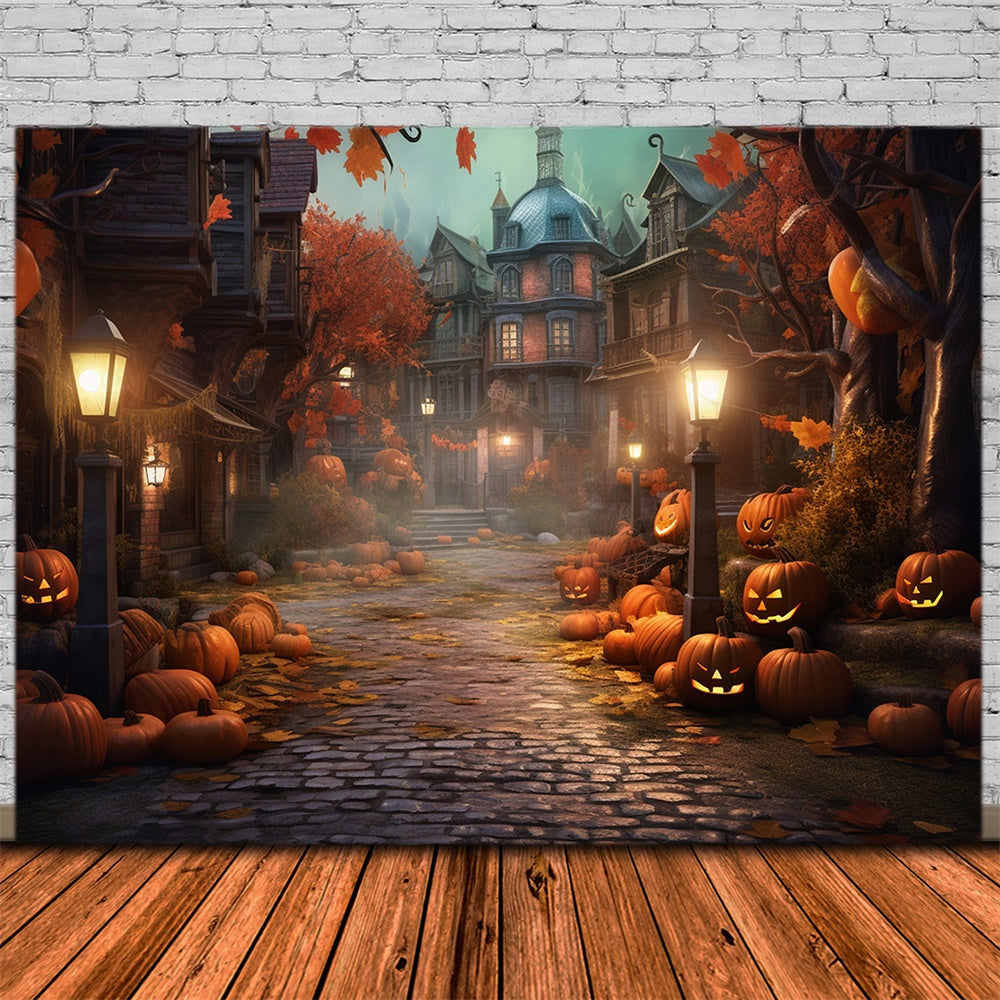 Toile de fond de maison de rue nocturne avec citrouilles Halloween RR7-405