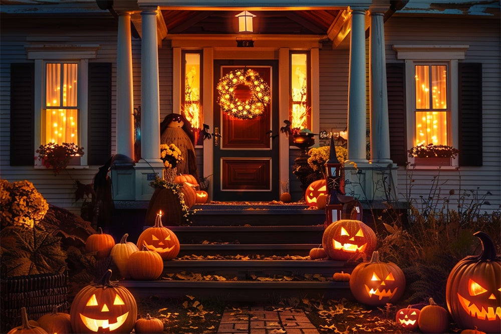 Toile de fond de porte de maison avec citrouilles nocturnes Halloween RR7-406