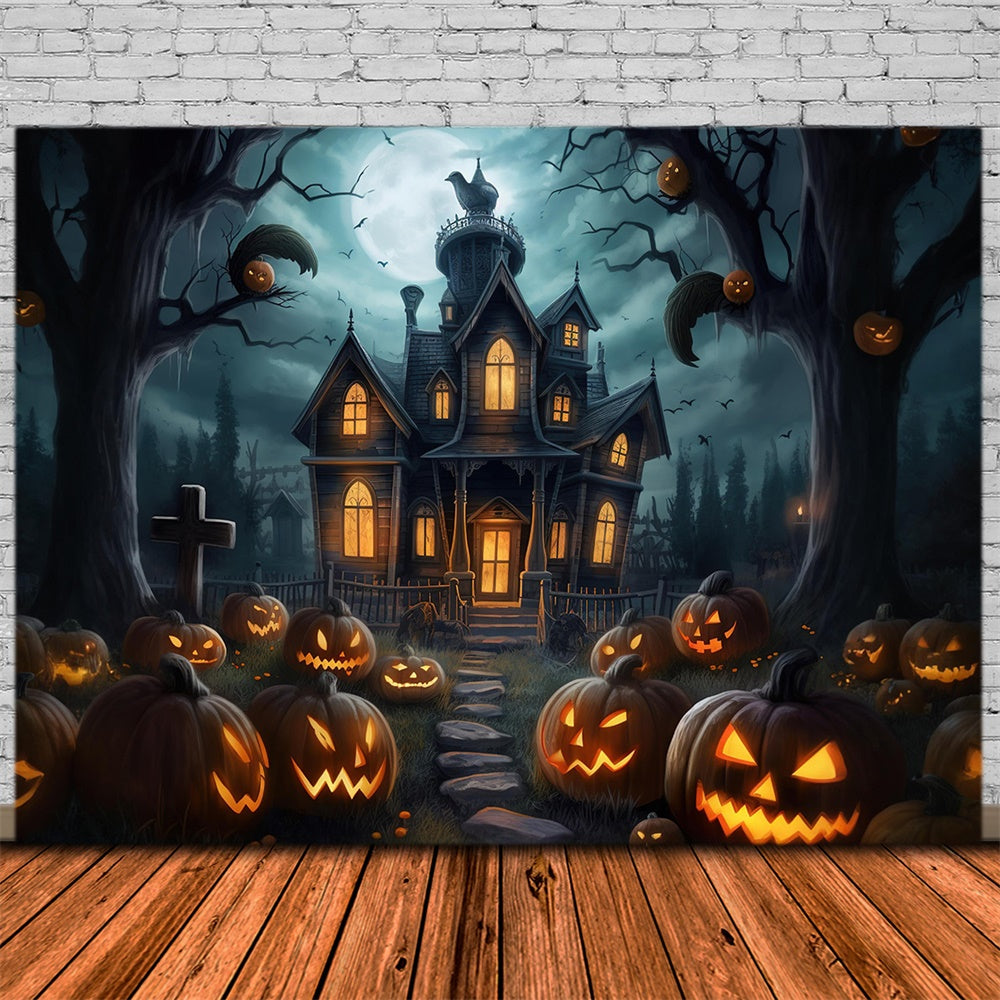 Toile de fond de maison de citrouilles effrayante Halloween RR7-407