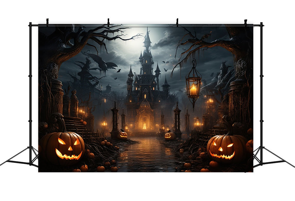 Toile de fond de château effrayant avec citrouilles chauves-souris Halloween RR7-409