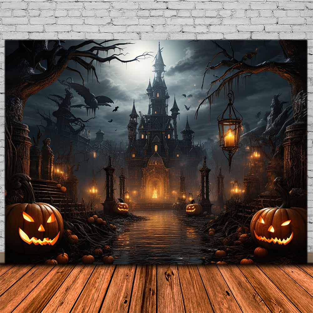 Toile de fond de château effrayant avec citrouilles chauves-souris Halloween RR7-409