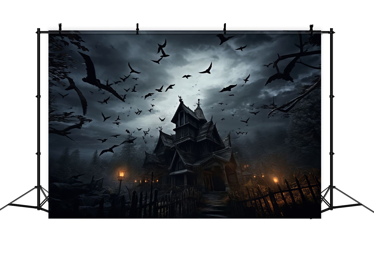 Toile de Fond de Photographie de Château Gothique avec Chauves-Souris d'Halloween RR7-41