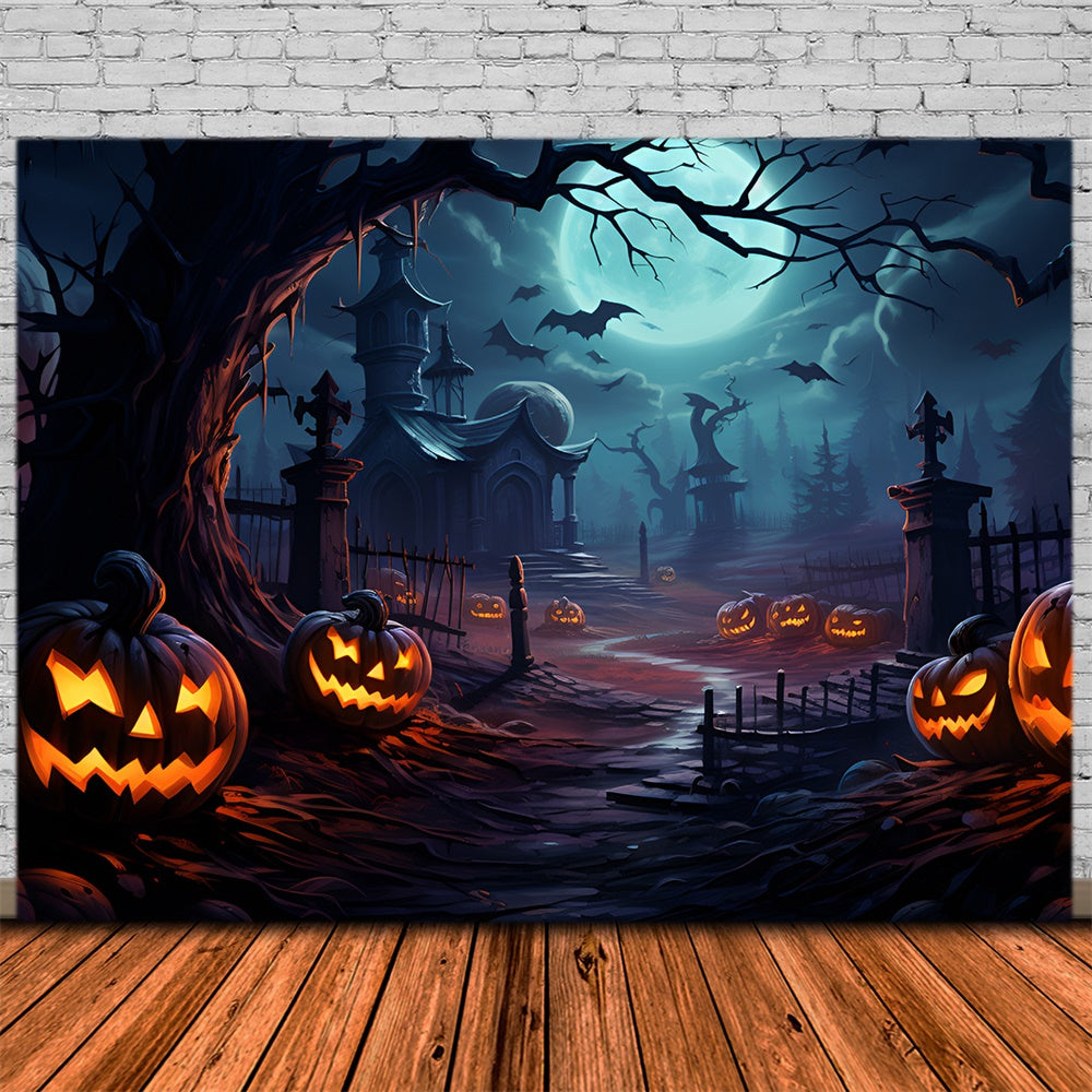 Toile de fond de cimetière effrayant avec citrouilles et chauves-souris Halloween RR7-415