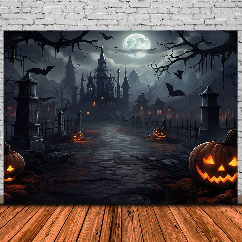 Toile de fond de château effrayant avec lune nocturne Halloween RR7-417