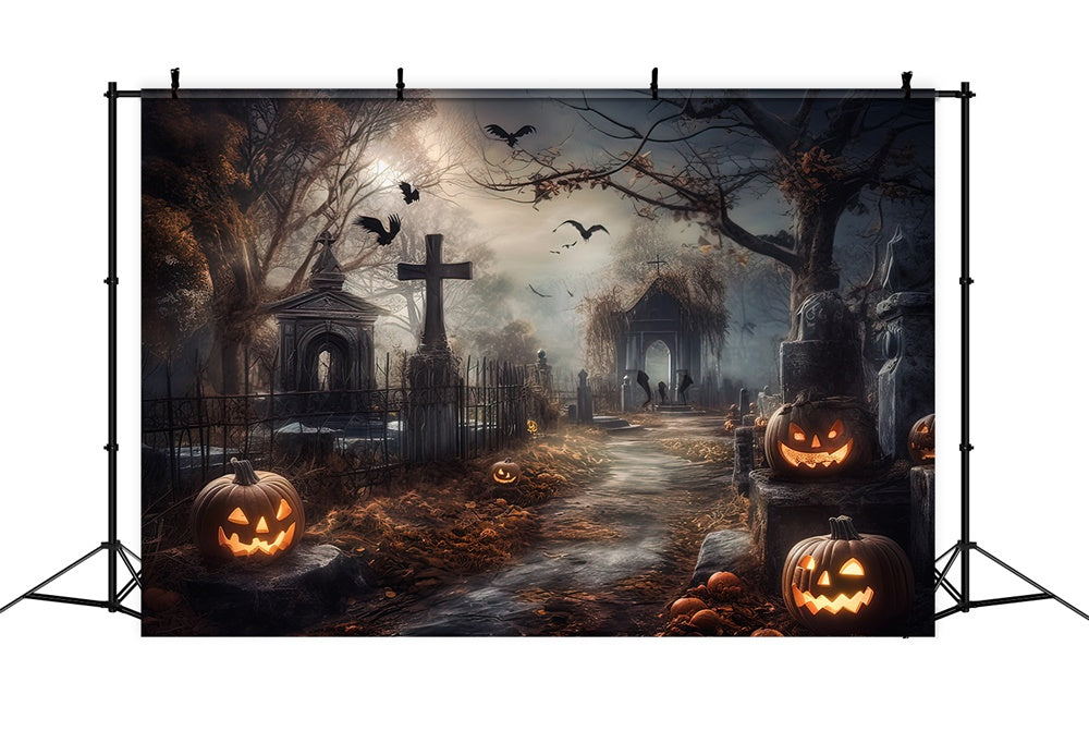 Toile de fond de cimetière d'horreur avec citrouilles Halloween RR7-418