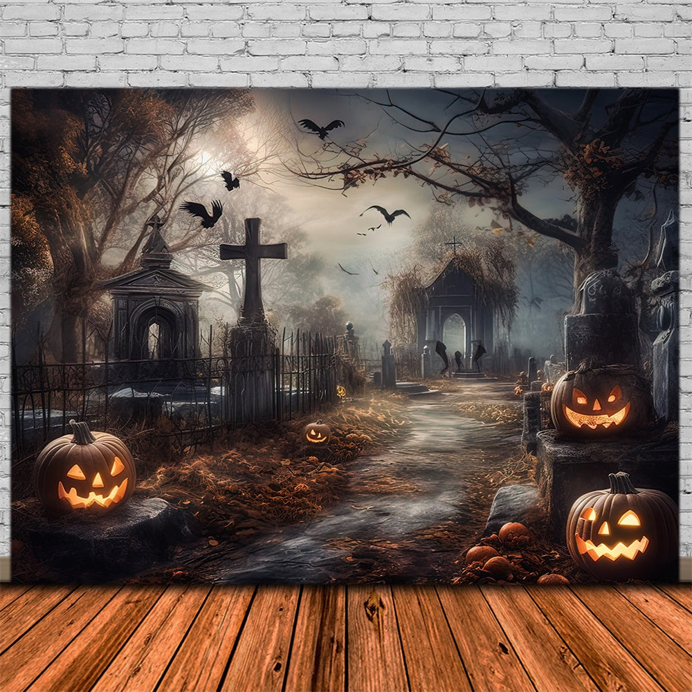 Toile de fond de cimetière d'horreur avec citrouilles Halloween RR7-418