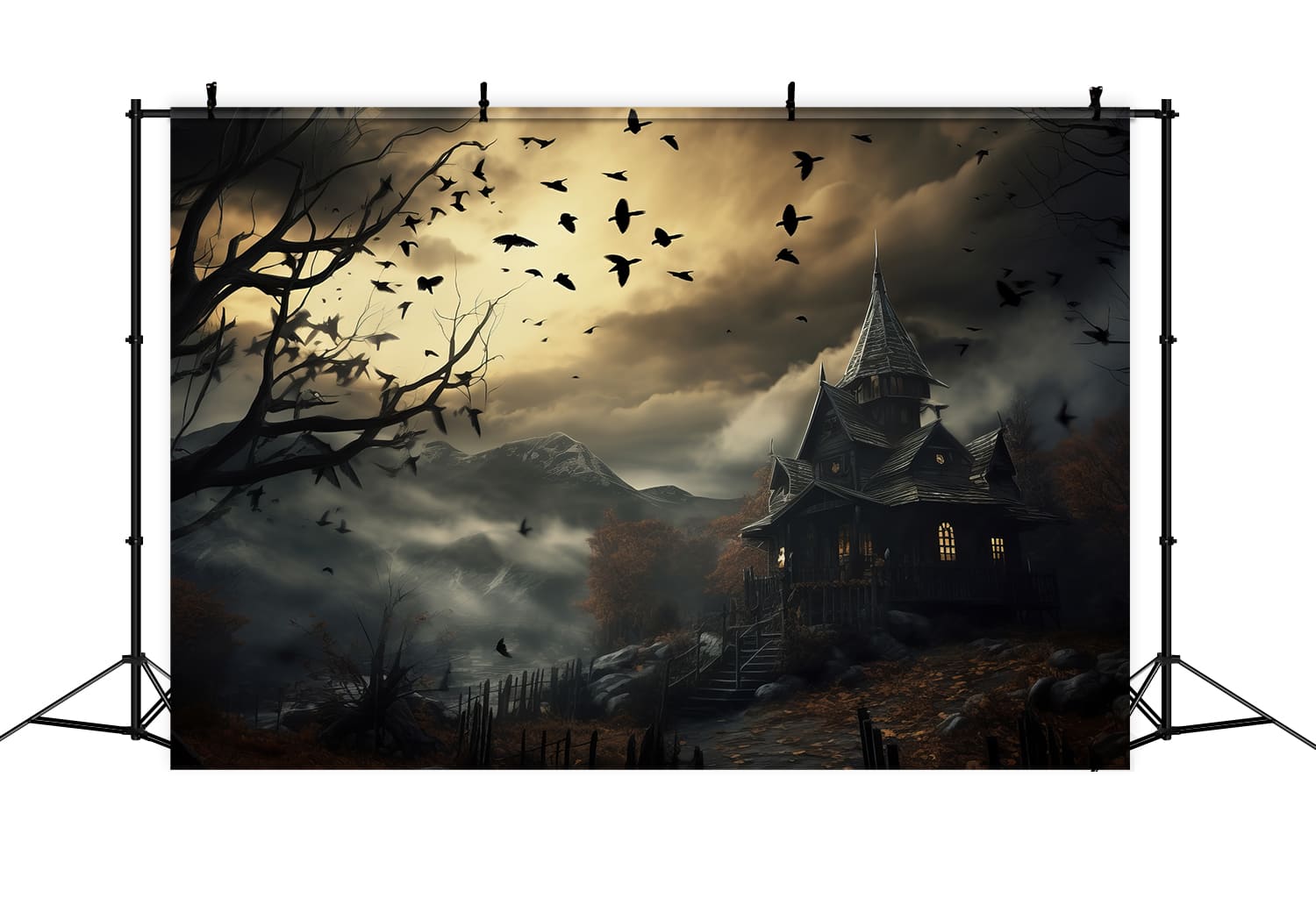 Toile de Fond de Photographie de Chauves-Souris et Arbres au Crépuscule d'Halloween RR7-42