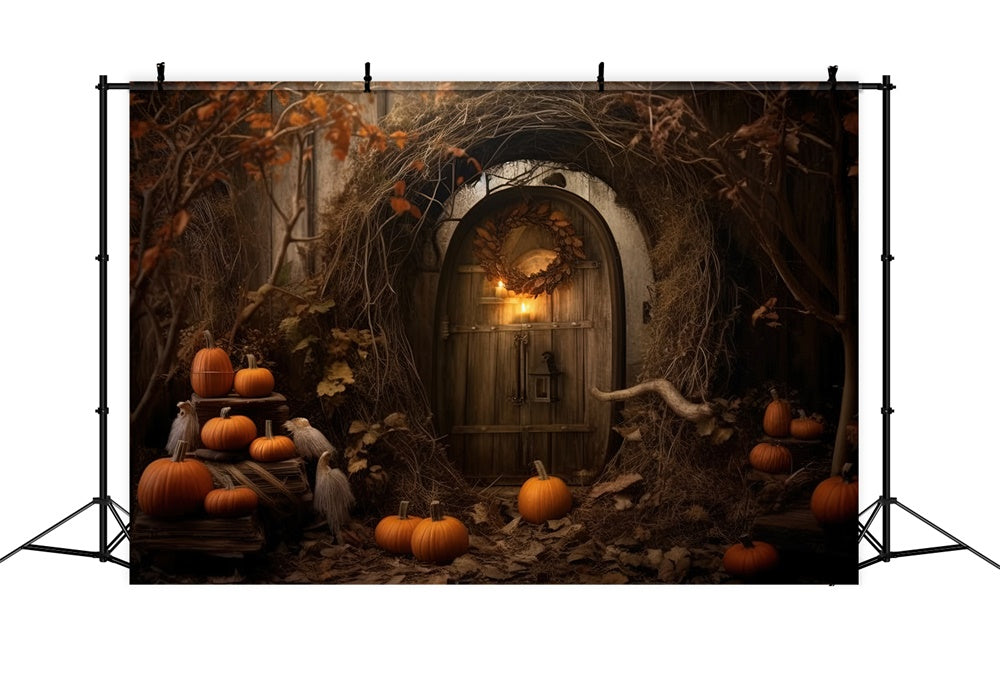 Toile de fond de cabane abandonnée avec citrouilles Halloween RR7-424