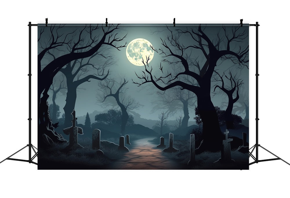 Toile de fond de cimetière avec lune pleine Halloween RR7-425