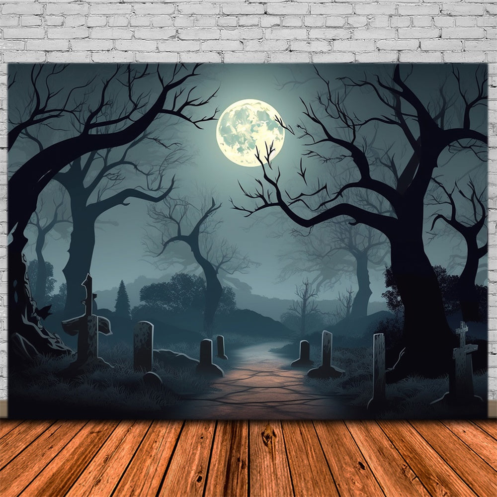 Toile de fond de cimetière avec lune pleine Halloween RR7-425