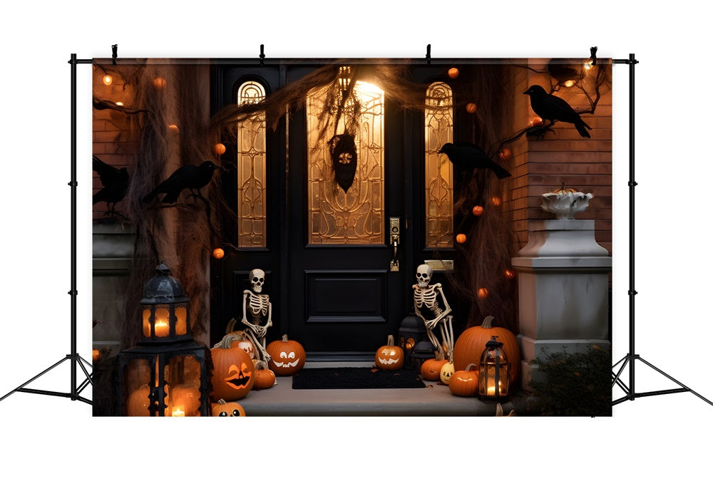 Toile de fond de cour décorée nocturne avec porte d'entrée Halloween RR7-428