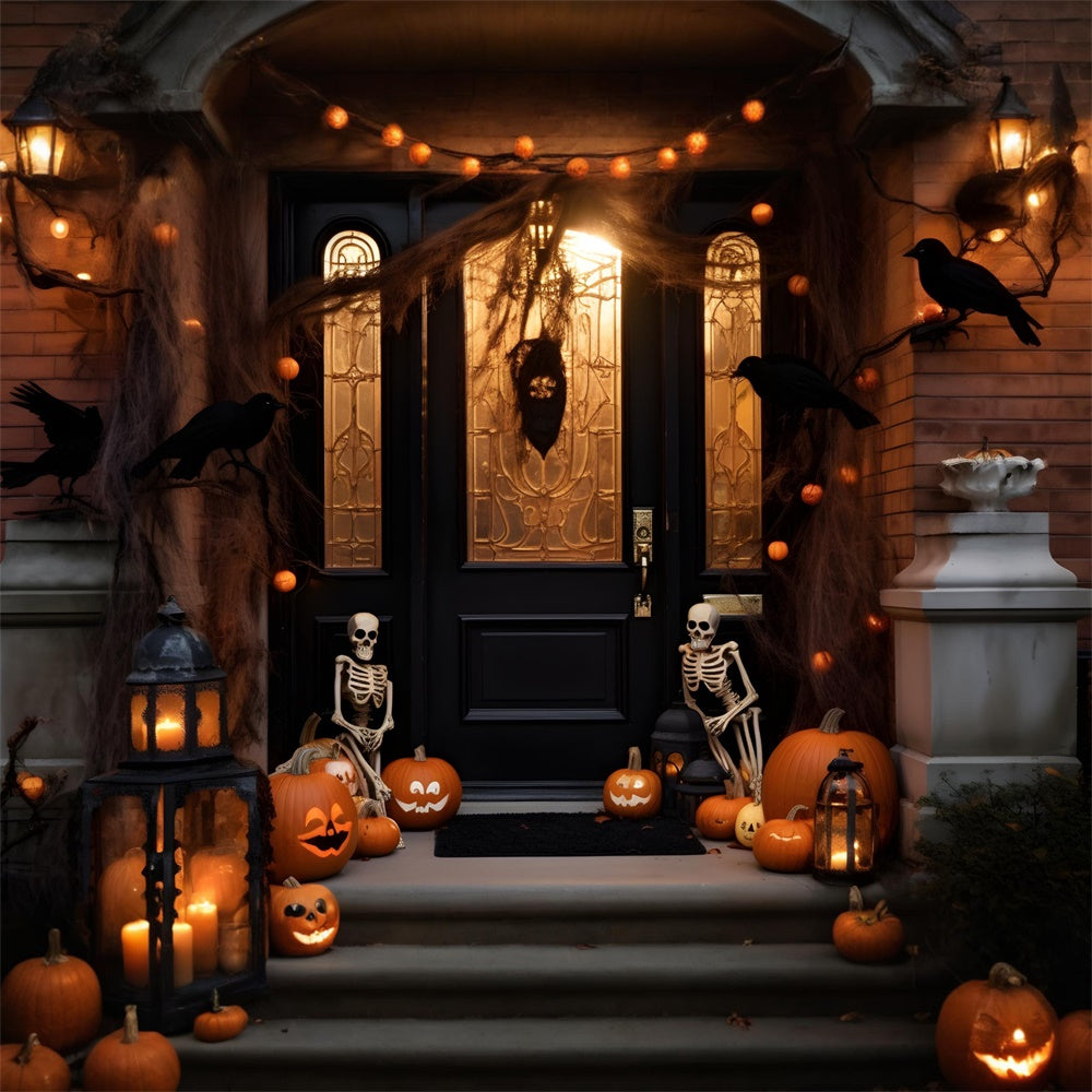 Toile de fond de cour décorée nocturne avec porte d'entrée Halloween RR7-428