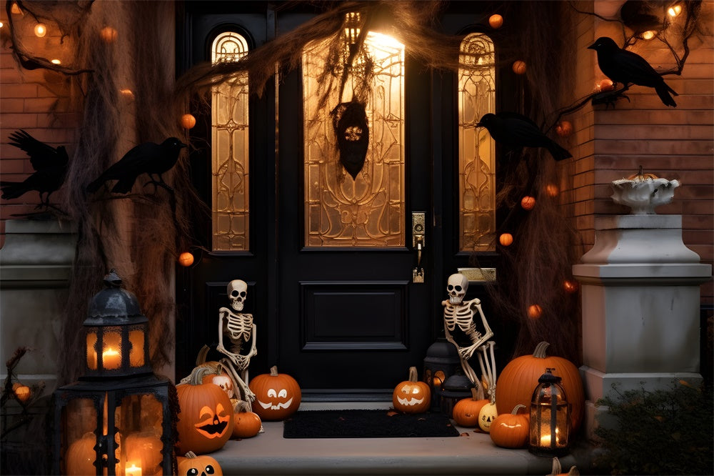 Toile de fond de cour décorée nocturne avec porte d'entrée Halloween RR7-428