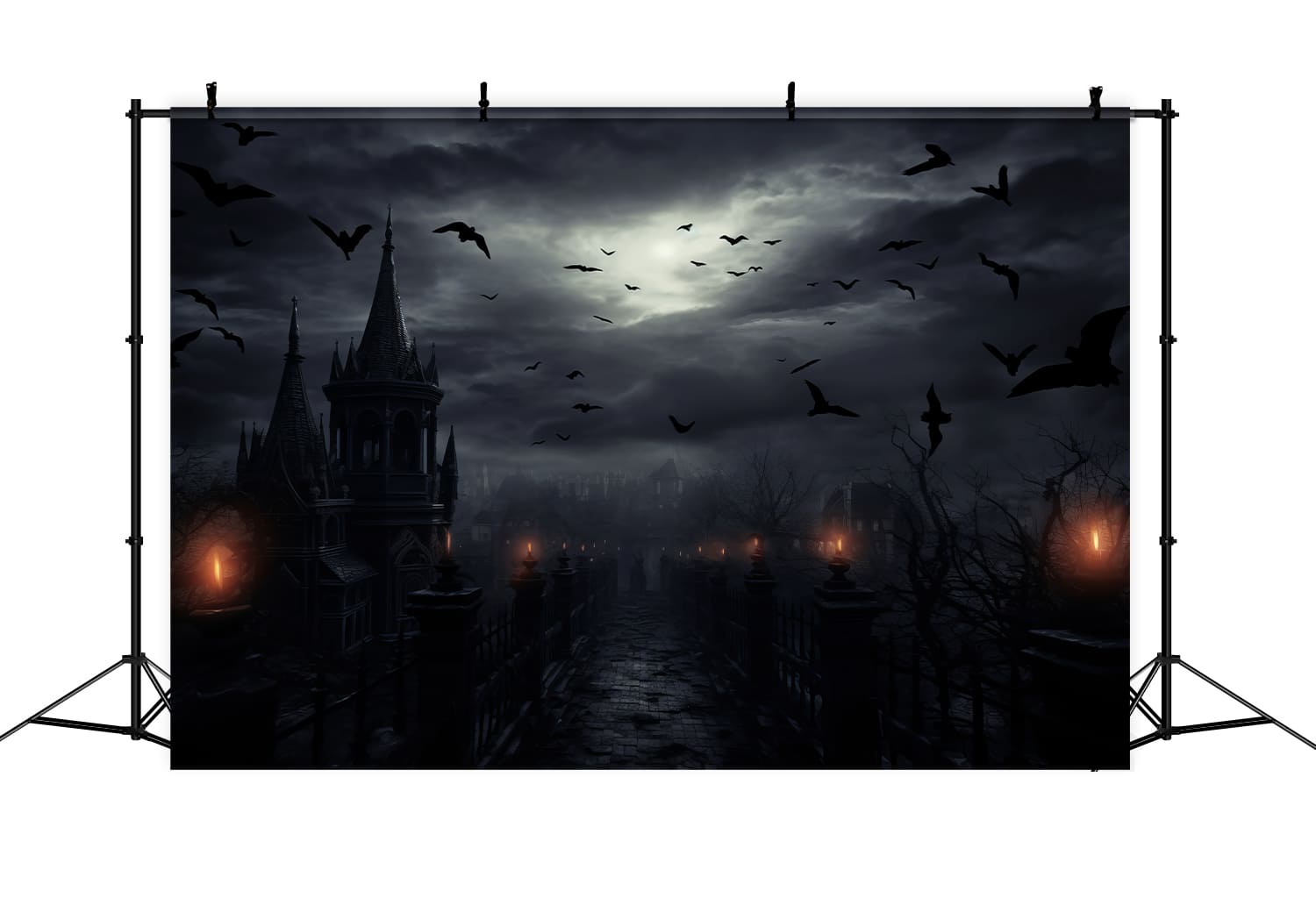 Toile de Fond de Maison avec Chauves-Souris de Nuit d'Horreur d'Halloween RR7-43