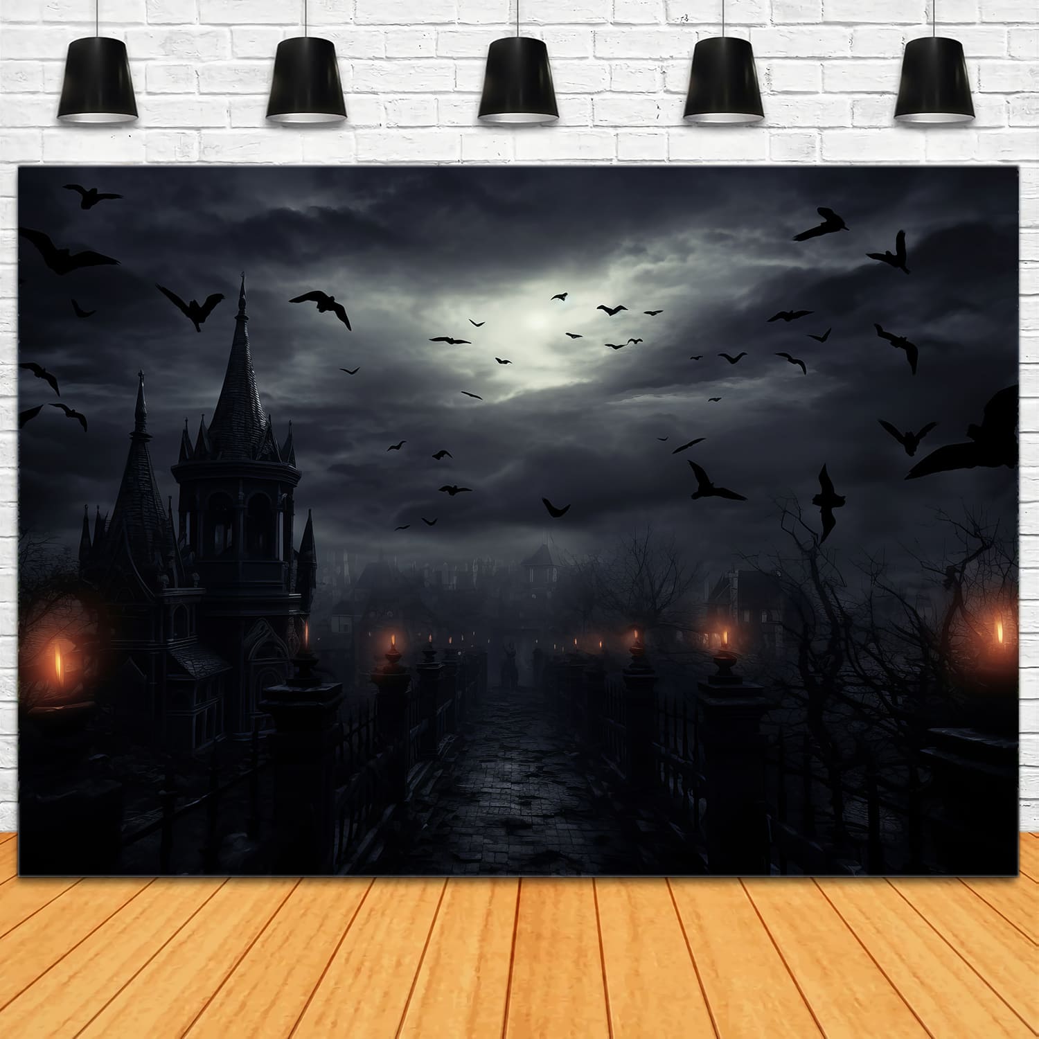 Toile de Fond de Maison avec Chauves-Souris de Nuit d'Horreur d'Halloween RR7-43