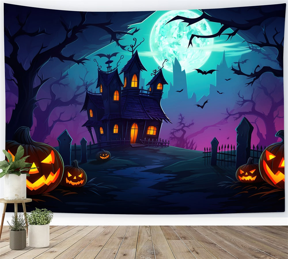 Toile de fond de maison de sorcière avec lune nocturne et tombe Halloween RR7-432