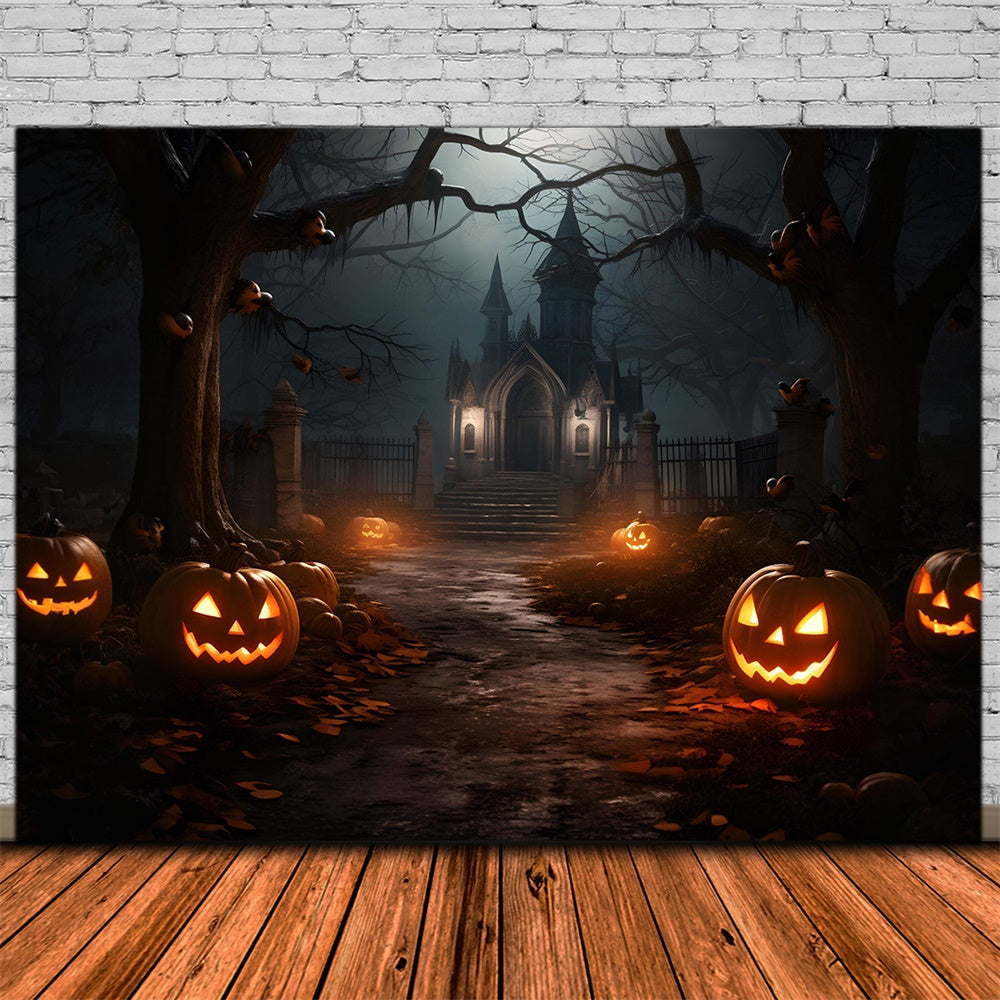 Toile de fond de château hanté dans la forêt nocturne Halloween RR7-435