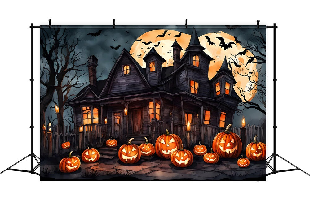 Toile de fond de maison de sorcière avec citrouilles et chauves-souris Halloween RR7-436