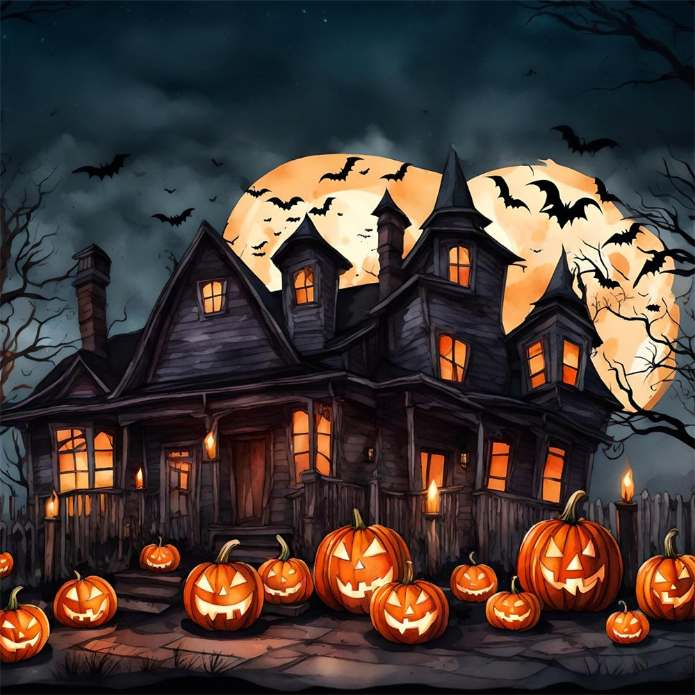 Toile de fond de maison de sorcière avec citrouilles et chauves-souris Halloween RR7-436