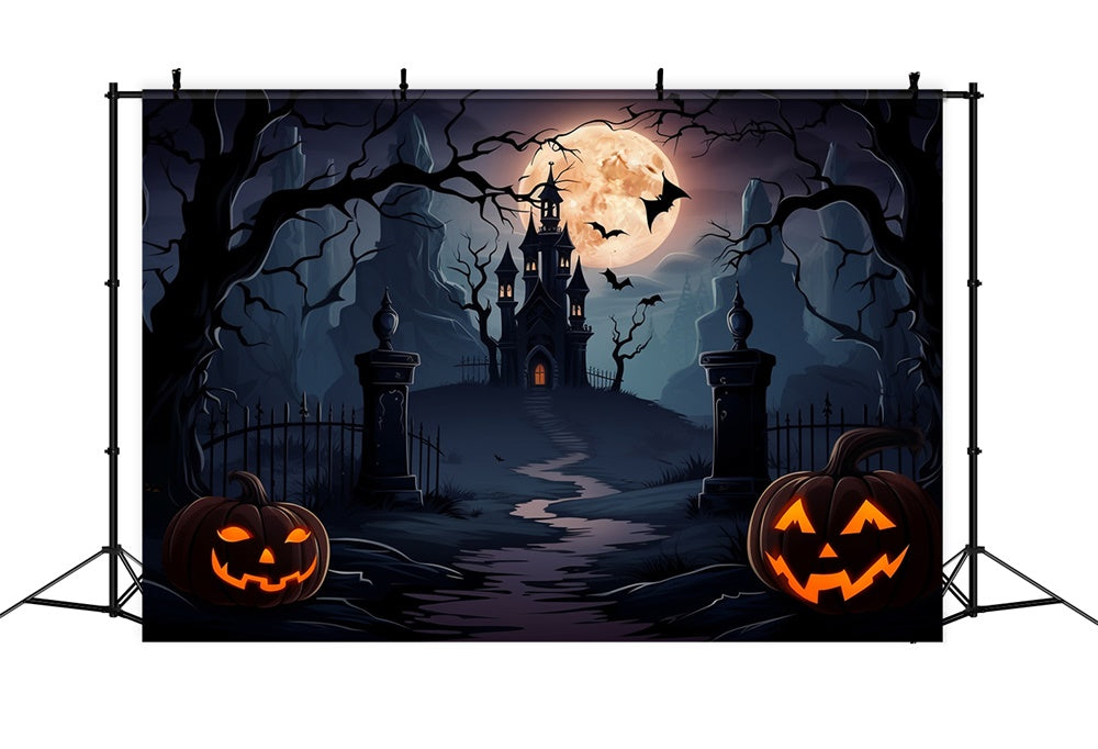 Toile de fond de château avec lune pleine et chauves-souris Halloween RR7-438