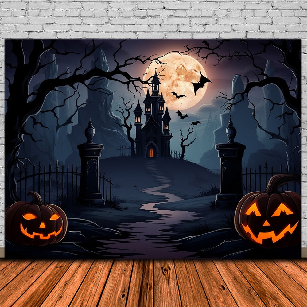 Toile de fond de château avec lune pleine et chauves-souris Halloween RR7-438