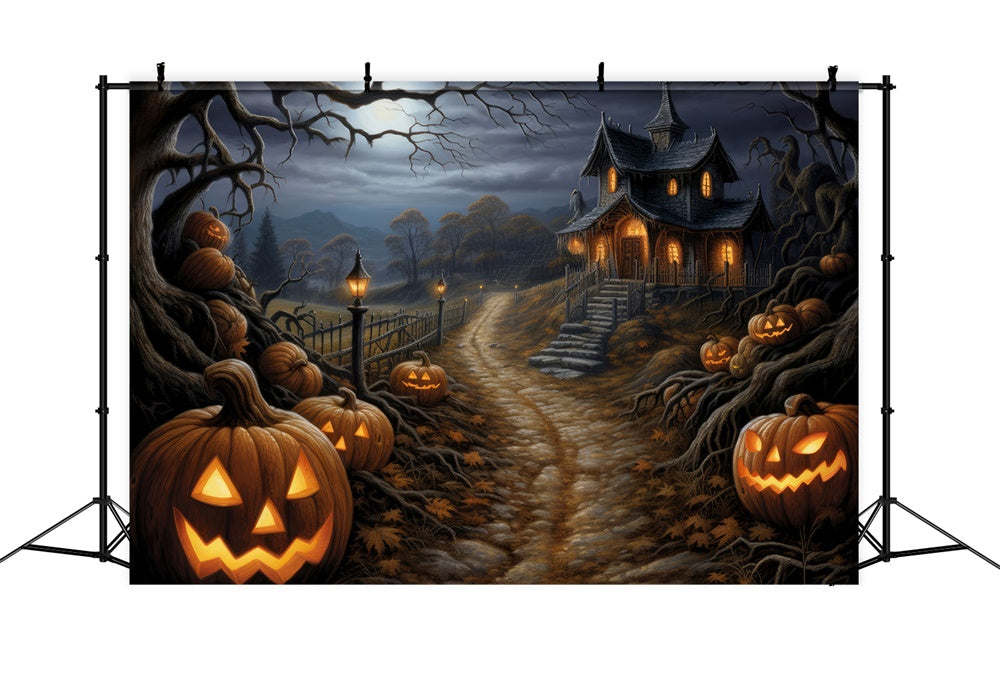 Toile de fond de cabane d'horreur dans la forêt avec citrouilles Halloween RR7-439