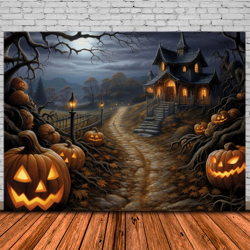 Toile de fond de cabane d'horreur dans la forêt avec citrouilles Halloween RR7-439