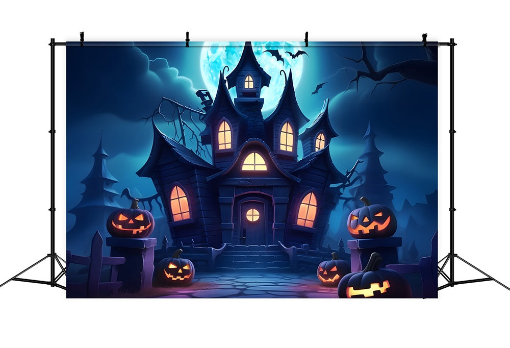 Toile de fond de maison hantée avec lune nocturne Halloween RR7-440