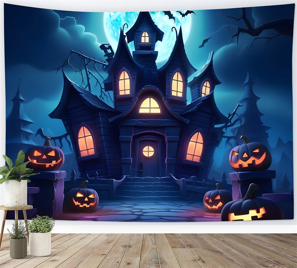 Toile de fond de maison hantée avec lune nocturne Halloween RR7-440